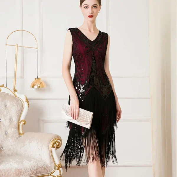Women 1920s Sleeveless V-Neck  Dress - Image 3